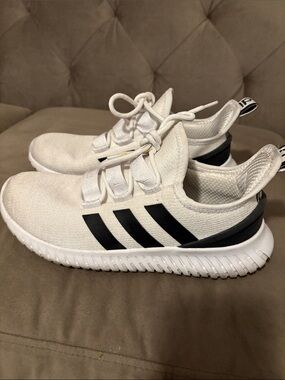 adidas Mens White Athletic Sneakers with Black Stripes